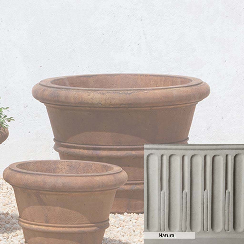 Natural Patina for theCampania International Classic Rolled Rim 18.25-inch Planter is unstained cast stone, the brightest and whitest finish that will age.