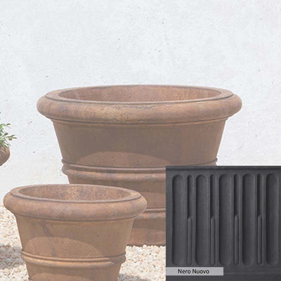 Nero Nuovo Patina for theCampania International Classic Rolled Rim 18.25-inch Planter, bold dramatic black patina for the garden.