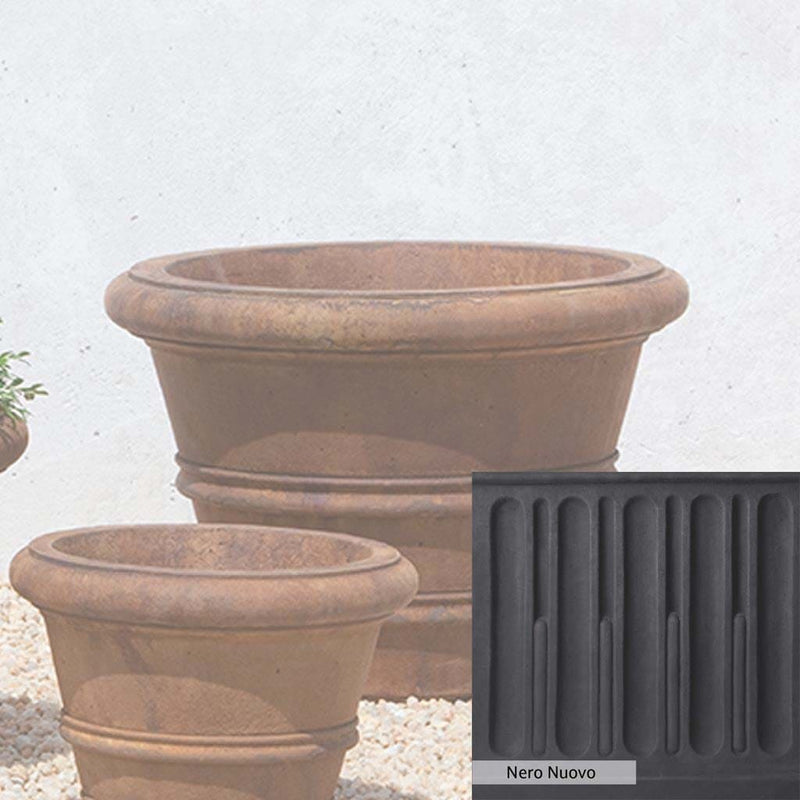 Nero Nuovo Patina for theCampania International Classic Rolled Rim 18.25-inch Planter, bold dramatic black patina for the garden.