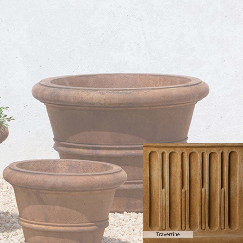 Travertine Patina for the Campania International Classic Rolled Rim 18.25-inch Planter, soft yellows, oranges, and brown for an old-word garden.