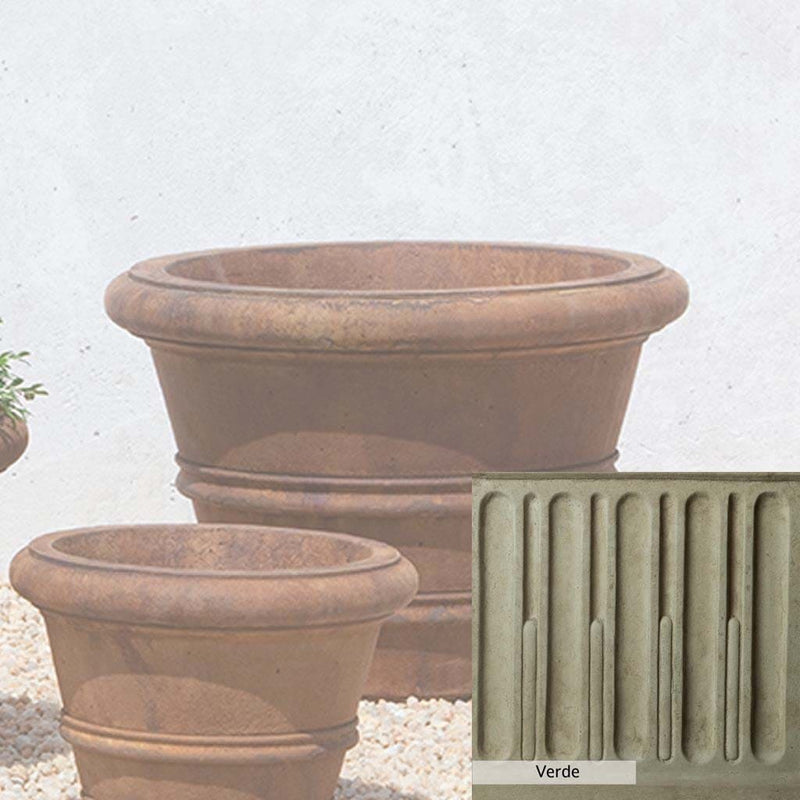 Verde Patina for the Campania International Classic Rolled Rim 18.25-inch Planter, green and gray come together in a soft tone blended into a soft green.