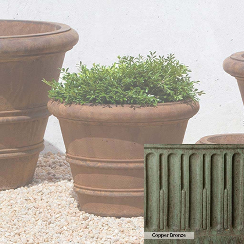 Copper Bronze Patina for theCampania International Classic Rolled Rim 14.75-inch Planter, blues and greens blended into the look of aged copper.
