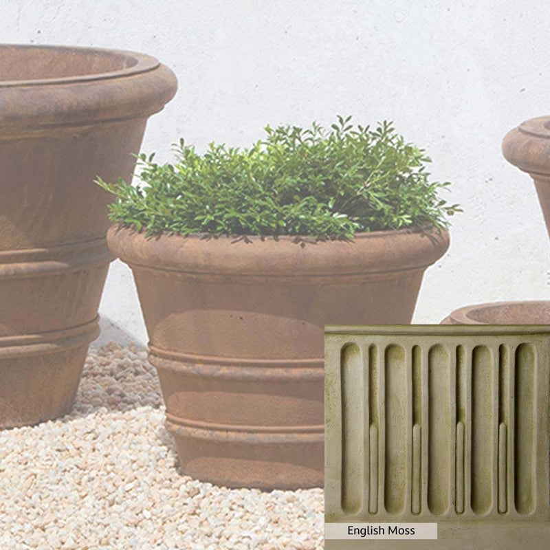 English Moss Patina for the Campania International Classic Rolled Rim 14.75-inch Planter, green blended into a soft pallet with a light undertone of gray.