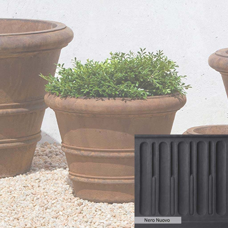 Nero Nuovo Patina for theCampania International Classic Rolled Rim 14.75-inch Planter, bold dramatic black patina for the garden.