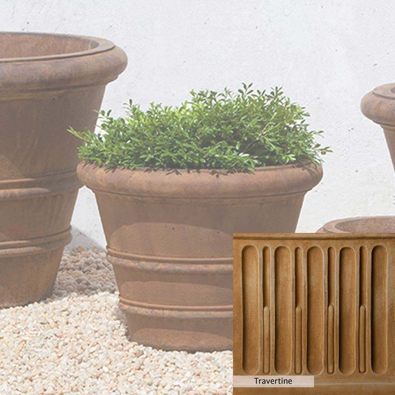 Travertine Patina for the Campania International Classic Rolled Rim 14.75-inch Planter, soft yellows, oranges, and brown for an old-word garden.