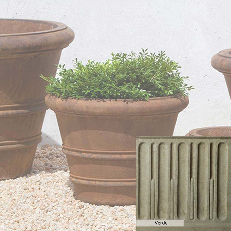 Verde Patina for the Campania International Classic Rolled Rim 14.75-inch Planter, green and gray come together in a soft tone blended into a soft green.