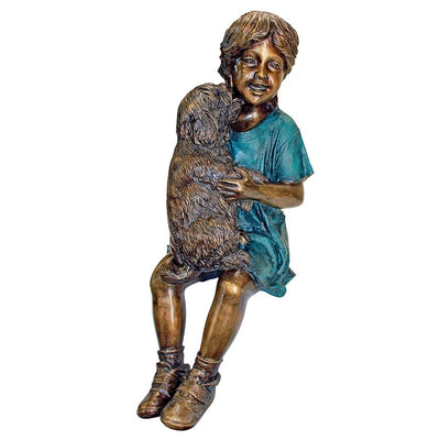 Puppy Kisses Sitting Girl Cast Bronze Garden Statue by Design Toscano