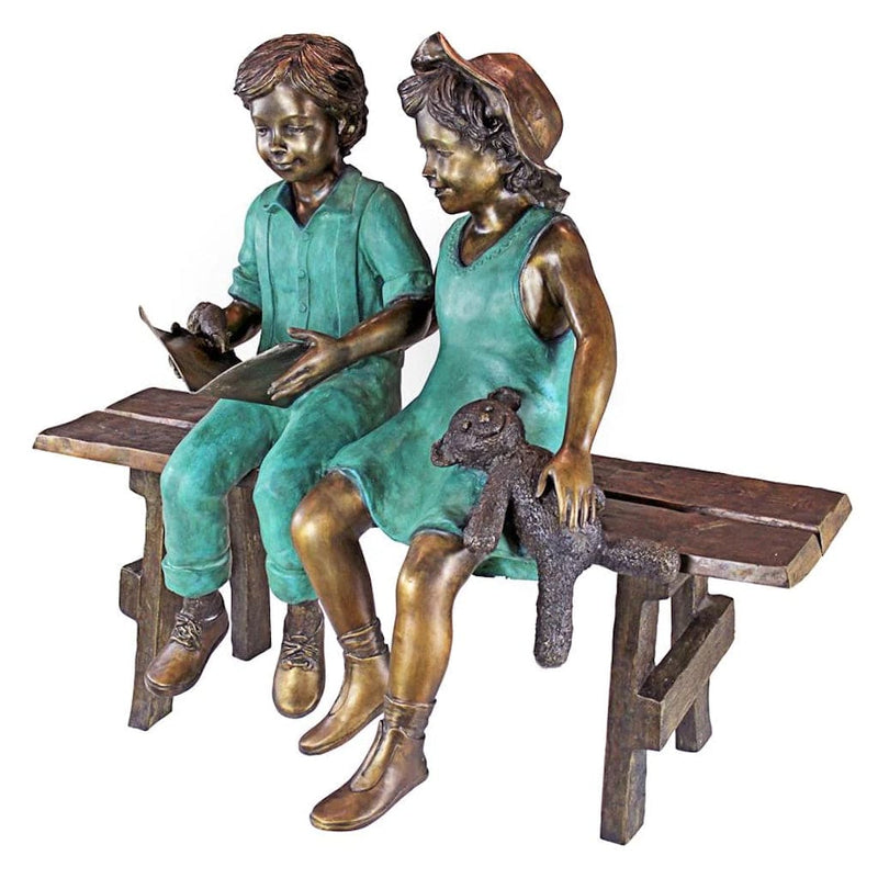 Read to Me, Boy and Girl on Bench Cast Bronze Garden Statue by Design Toscano
