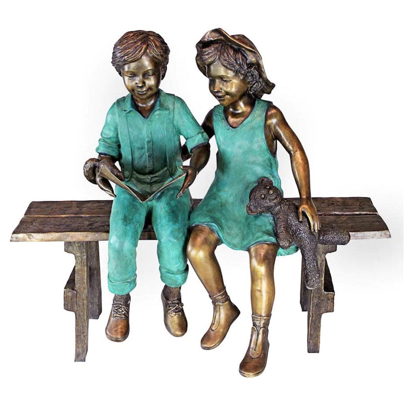 Read to Me, Boy and Girl on Bench Cast Bronze Garden Statue by Design Toscano