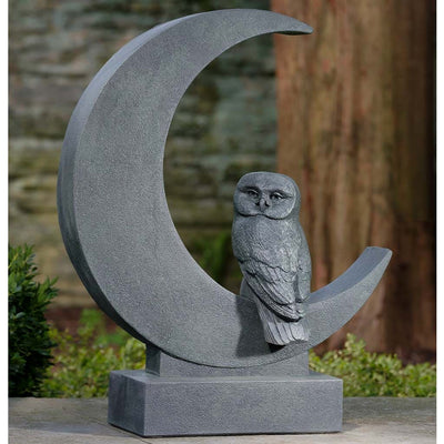 Campania International Lunar Owl with Moon Statue stained in the Lead Antique patina, the ideal color for this garden statue.