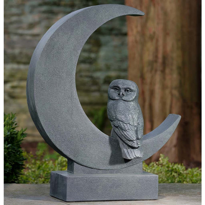 Campania International Lunar Owl with Moon Statue stained in the Lead Antique patina, the ideal color for this garden statue.
