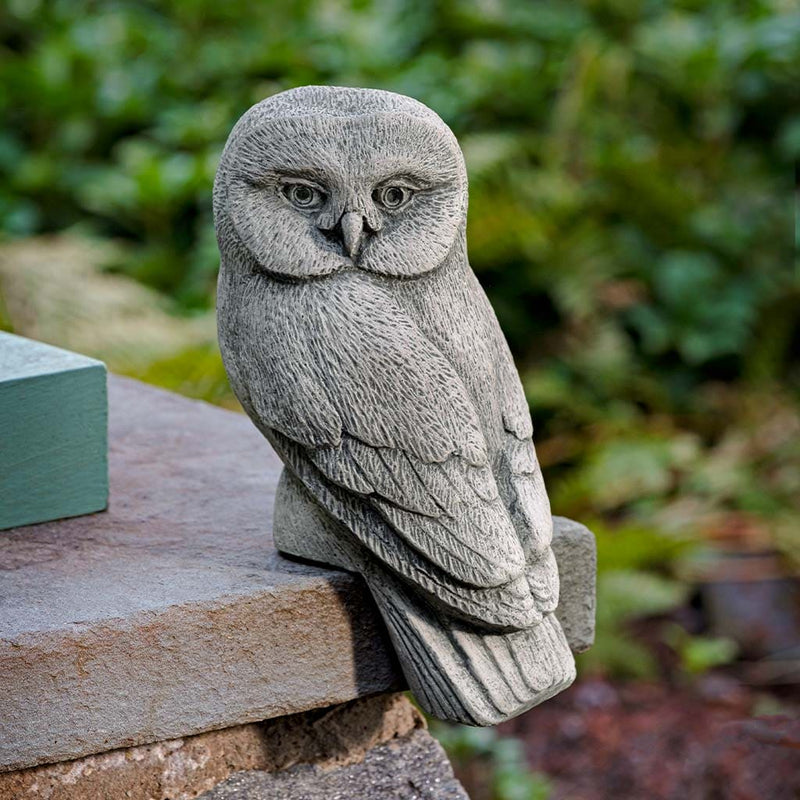 Campania International Lunar Owl Solo Statue stained in the Alpine Stone patina, the ideal color for this garden statue.