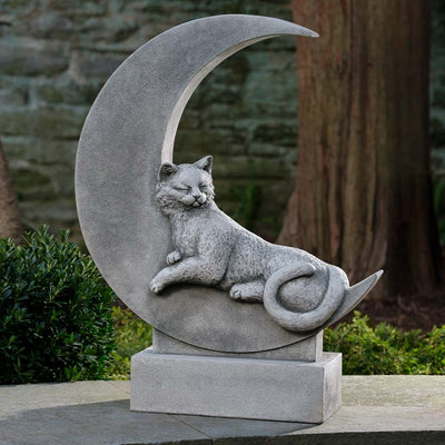 Campania International Cat on the Moon Statue stained in the Alpine Stone patina, the ideal color for this garden statue.
