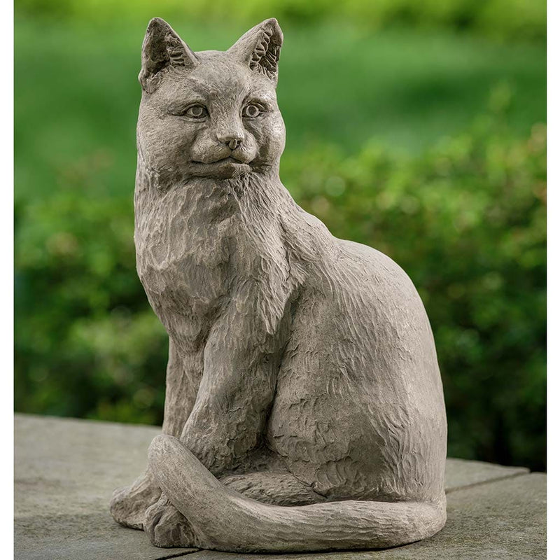 Campania International Cheeky Cat Statue stained in the Greystone patina, the ideal color for this garden statue.