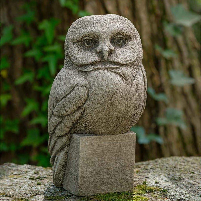 Campania International Al Owl Statue stained in the Greystone patina, the ideal color for this garden statue.