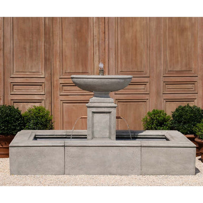 Campania International La Riviere Fountain  is stained in the Alpine Stone patina, showing off the details of the fountain.