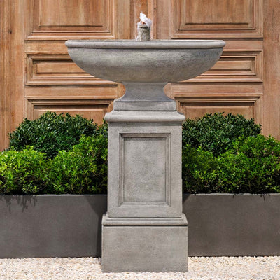 Campania International Gramercy Fountain  is stained in the Alpine Stone patina, showing off the details of the fountain.