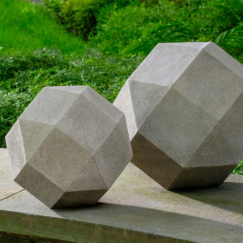 Campania International Polyhedron Large Statue stained in the Greystone patina, the ideal color for this garden statue.