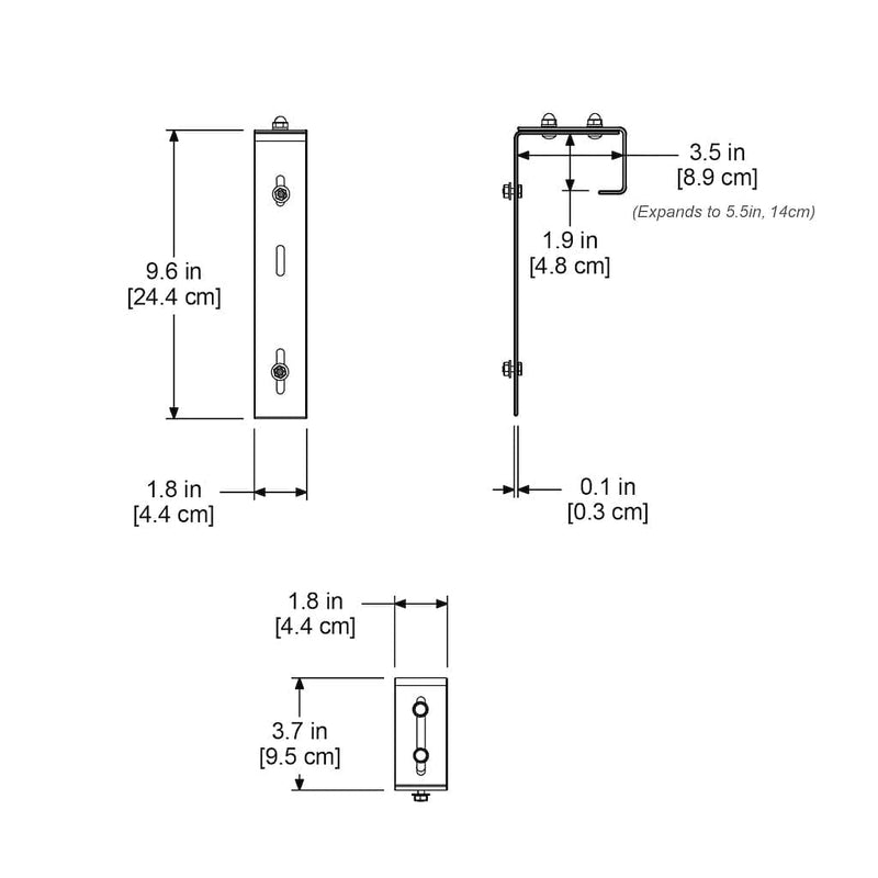 The Mayne Adjustable Deck Rail Bracket 2 pack measurement specifications, the length, width and height for installation purposes. 