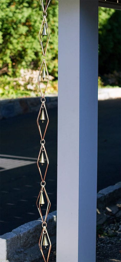 Good Directions Diamond Pure Copper 8.5 ft. Rain Chain with Bells, modern and simple against the home.