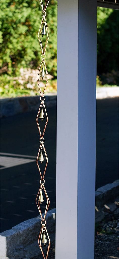 Good Directions Diamond Pure Copper 8.5 ft. Rain Chain with Bells, modern and simple against the home.