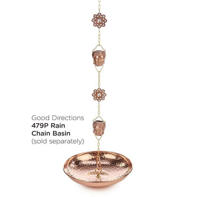 Good Directions Buddha Pure Copper 8.5 ft. Rain Chain placed with optional Chain Basin.