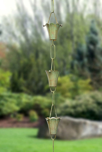 Good Directions Fluted Flower Pure Blue Verde Copper 8.5 ft. Rain Chain beautiful green and blue in the garden.