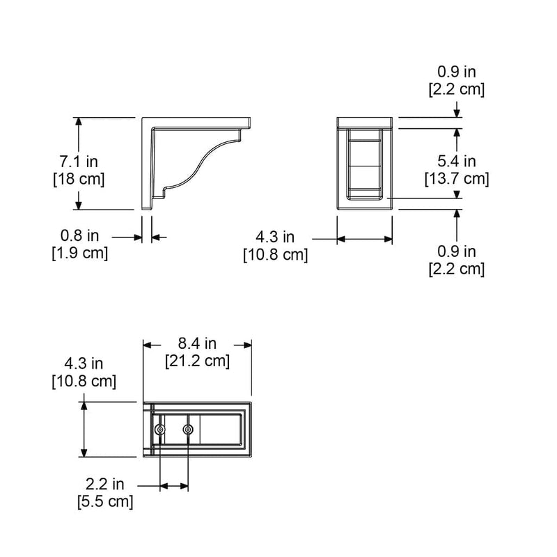 The Mayne Yorkshire Decorative Brackets measurement specifications, the length, width and height for installation purposes. 