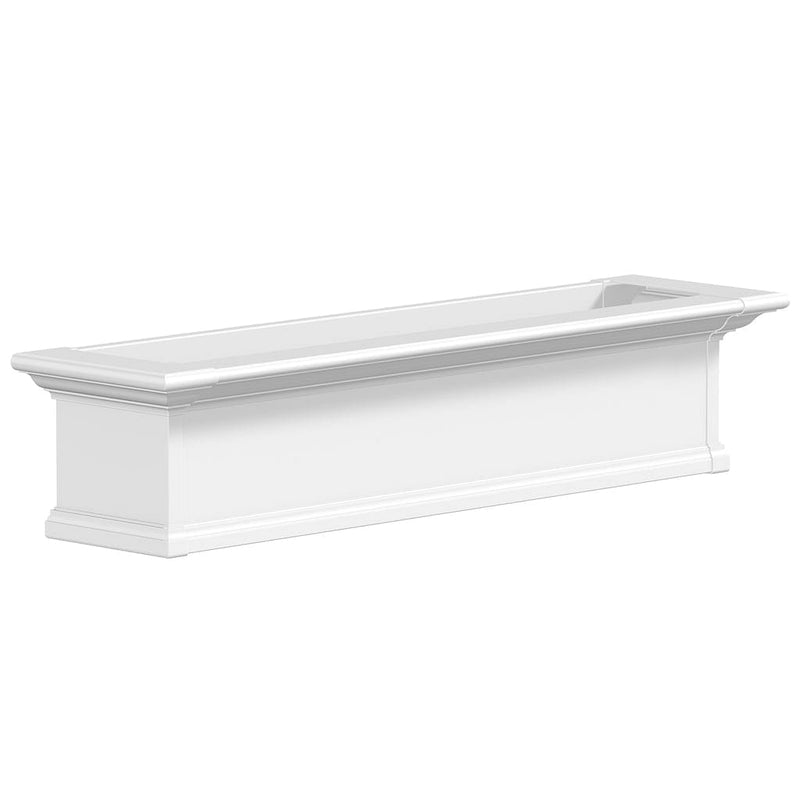 The Mayne Yorkshire 4ft Window Box, in the white finish, the unplanted planter detailed to show the shape and color clearly.