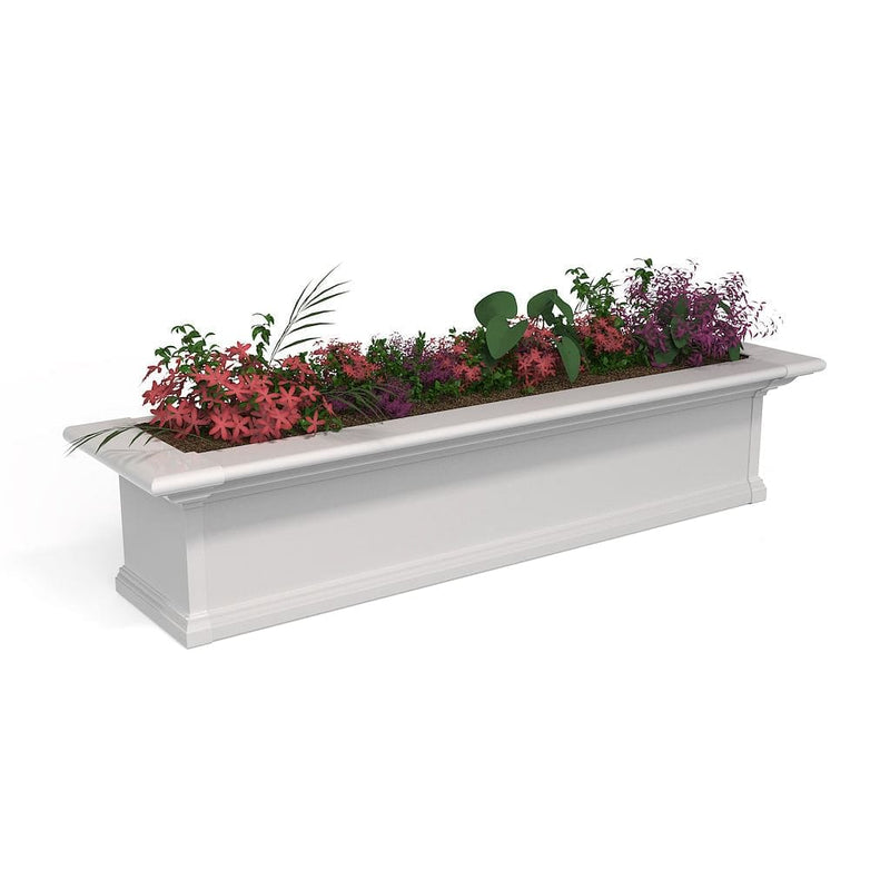 The Mayne Yorkshire 4ft Window Box, in the white finish, the unplanted planter detailed to show the shape and color clearly.