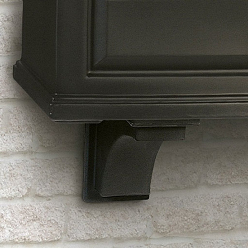 The Mayne Nantucket Decorative Brackets 2 pack, in the black finish, mounted under window box planter for curb appeal