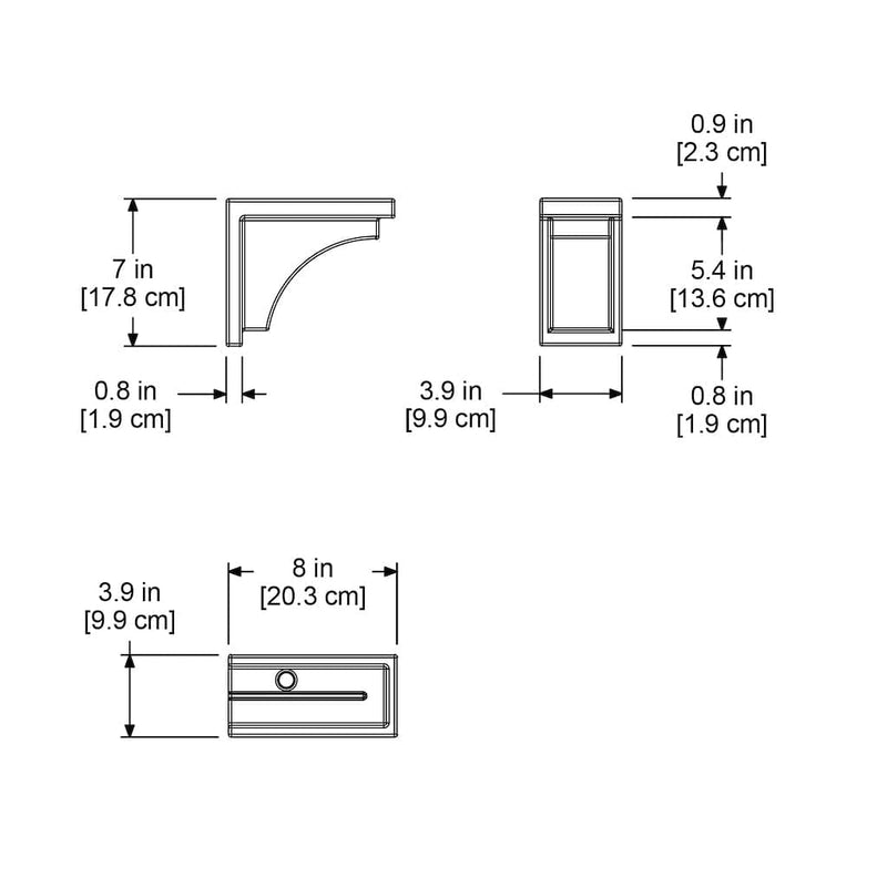 The Mayne Nantucket Decorative Brackets 2 pack measurement specifications, the length, width and height for installation purposes. 