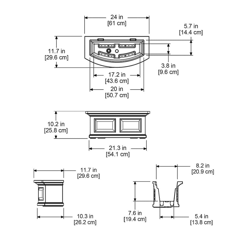 The Mayne Nantucket 2ft Window Box Planter measurement specifications, the length, width and height for installation purposes. 