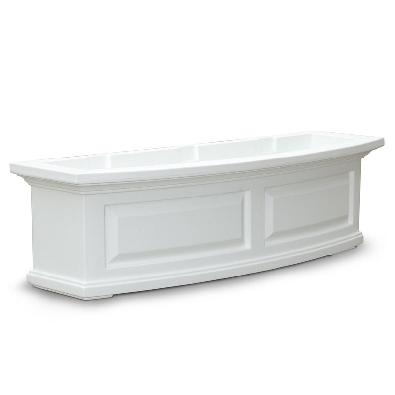 The Mayne Nantucket 3ft Window Box Planter, in the white finish, the unplanted planter detailed to show the shape and color clearly.