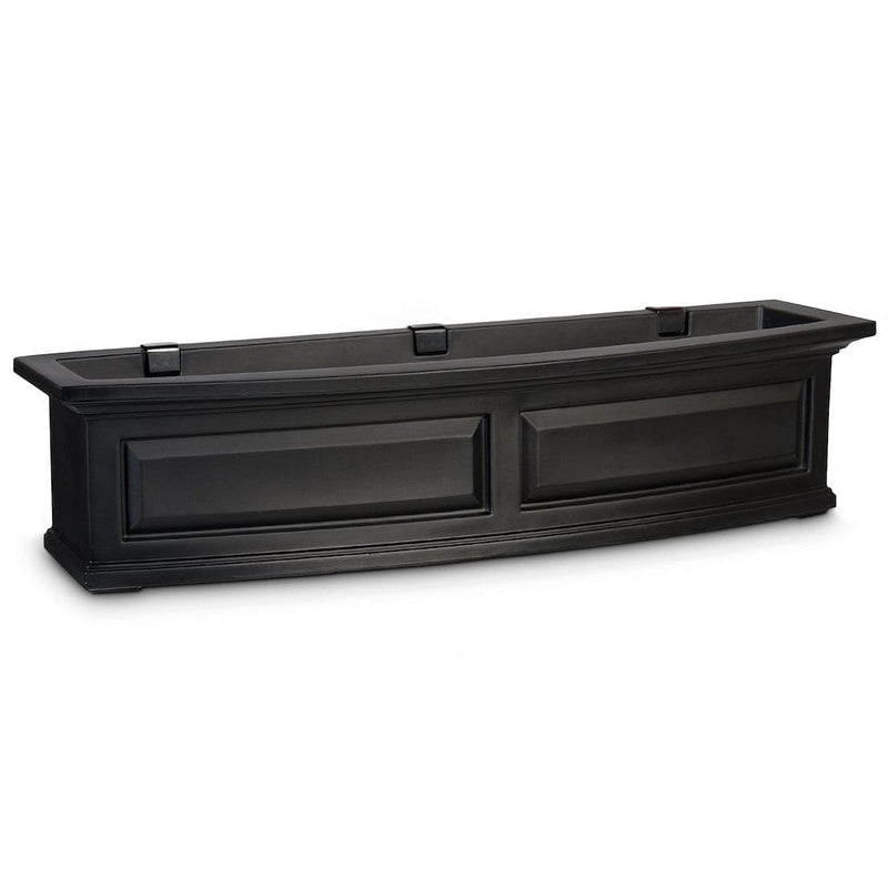 The Mayne Nantucket 4ft Window Box Planter, in the black finish, the unplanted planter detailed to show the shape and color clearly.