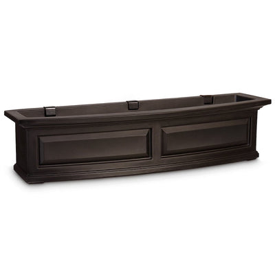 The Mayne Nantucket 4ft Window Box Planter, in the espresso finish, the unplanted planter detailed to show the shape and color clearly.