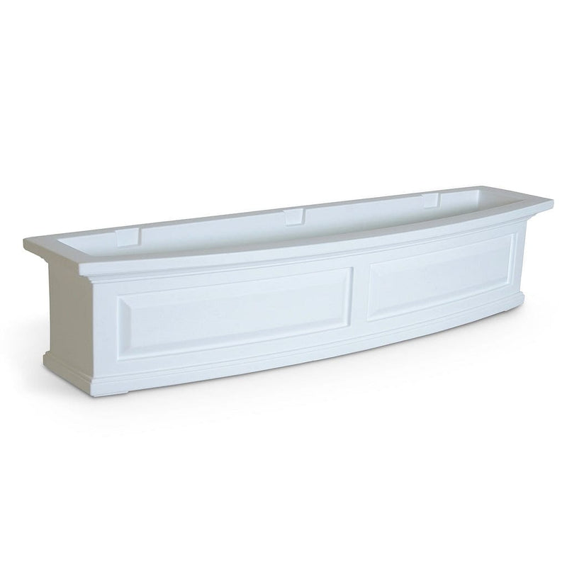 The Mayne Nantucket 4ft Window Box Planter, in the white finish, the unplanted planter detailed to show the shape and color clearly.
