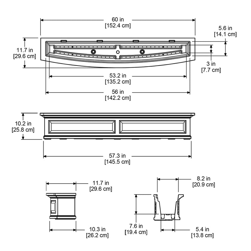 The Mayne Nantucket 5ft Window Box measurement specifications, the length, width and height for installation purposes. 