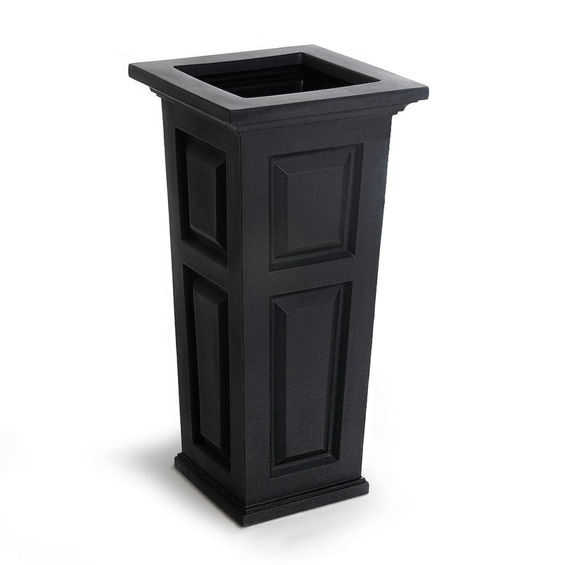 The Mayne Nantucket Tall Planter, in the black finish, the unplanted planter detailed to show the shape and color clearly.