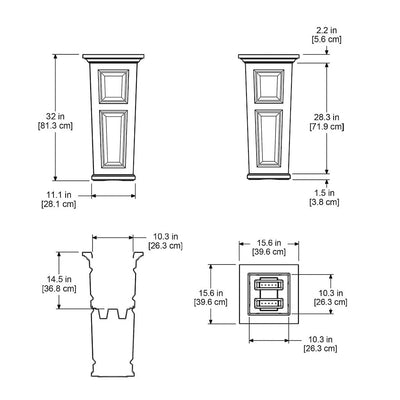 The Mayne Nantucket Tall Planter measurement specifications, the length, width and height for installation purposes. 