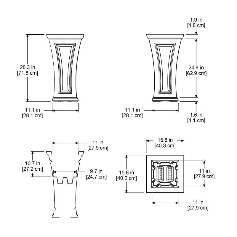 The Mayne Cambridge Tall Planter measurement specifications, the length, width and height for installation purposes. 