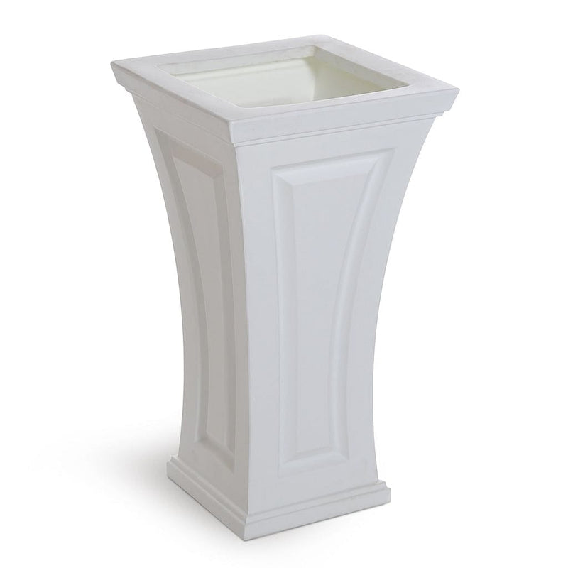 The Mayne Cambridge Tall Planter, in the white finish, the unplanted planter detailed to show the shape and color clearly.