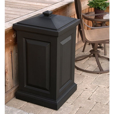 The Mayne Berkshire Storage Bin in Black, in the black finish, placed near home for curb appeal.