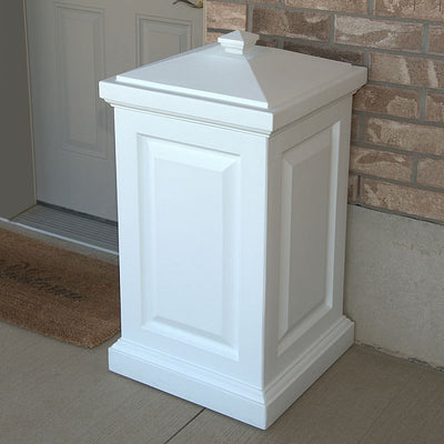 The Mayne Berkshire Storage Bin in White, in the white finish, placed near home for curb appeal.