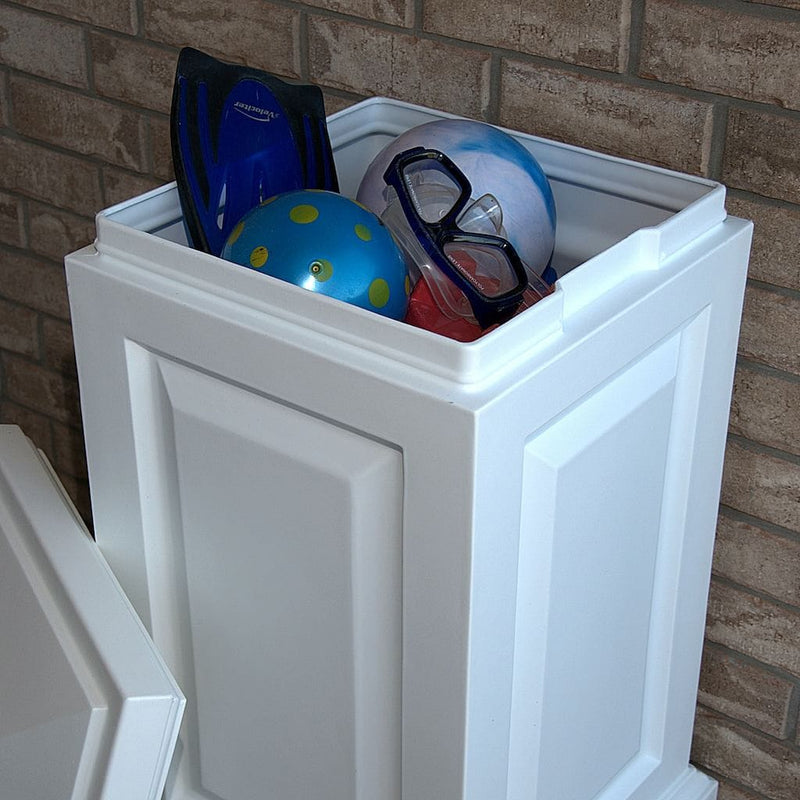 The Mayne Berkshire Storage Bin in White, in the white finish, placed near home for curb appeal.