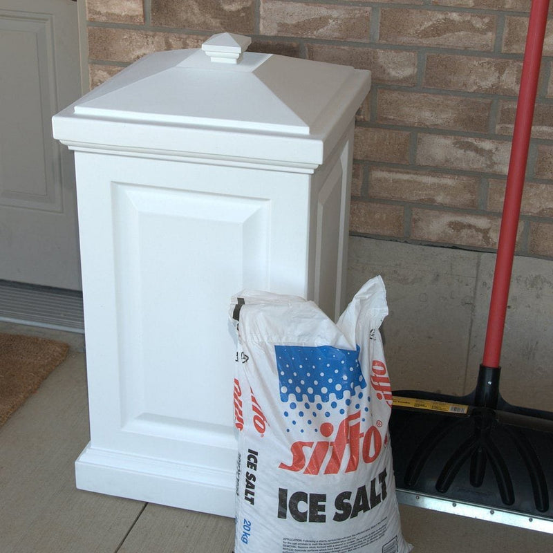 The Mayne Berkshire Storage Bin in White, in the white finish, placed near home for curb appeal.