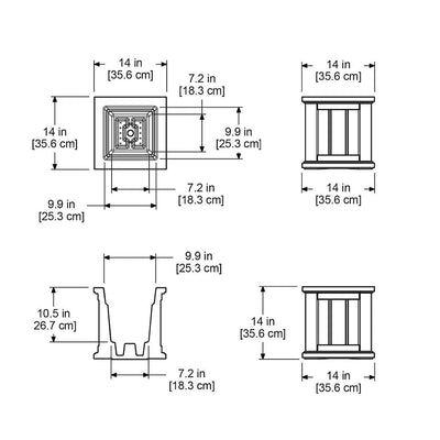 The Mayne Cape Cod 14x14 Square Planter measurement specifications, the length, width and height for installation purposes. 