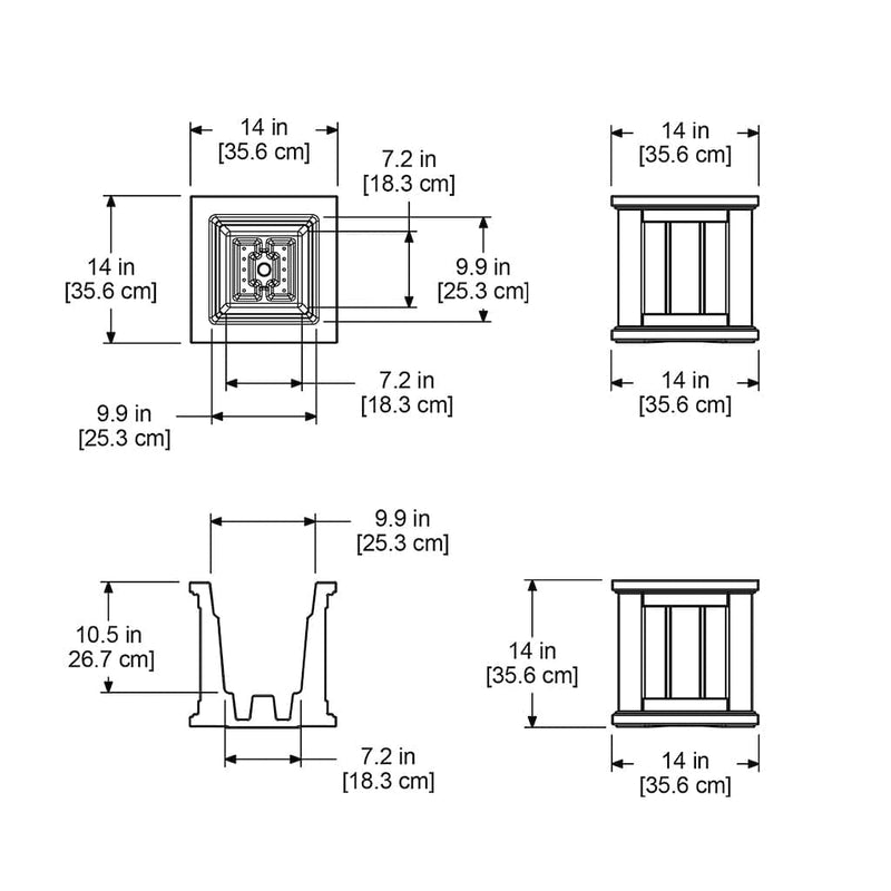 The Mayne Cape Cod 14x14 Square Planter measurement specifications, the length, width and height for installation purposes. 