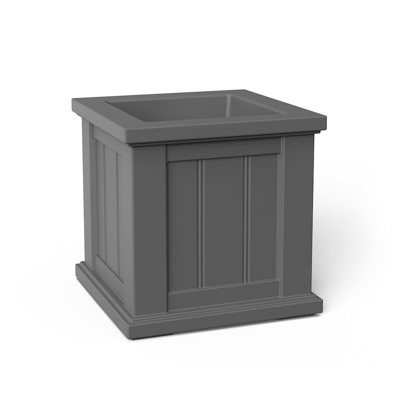 The Mayne Cape Cod 14x14 Square Planter, in the graphite finish,the unplanted planter detailed to show the shape and color clearly.