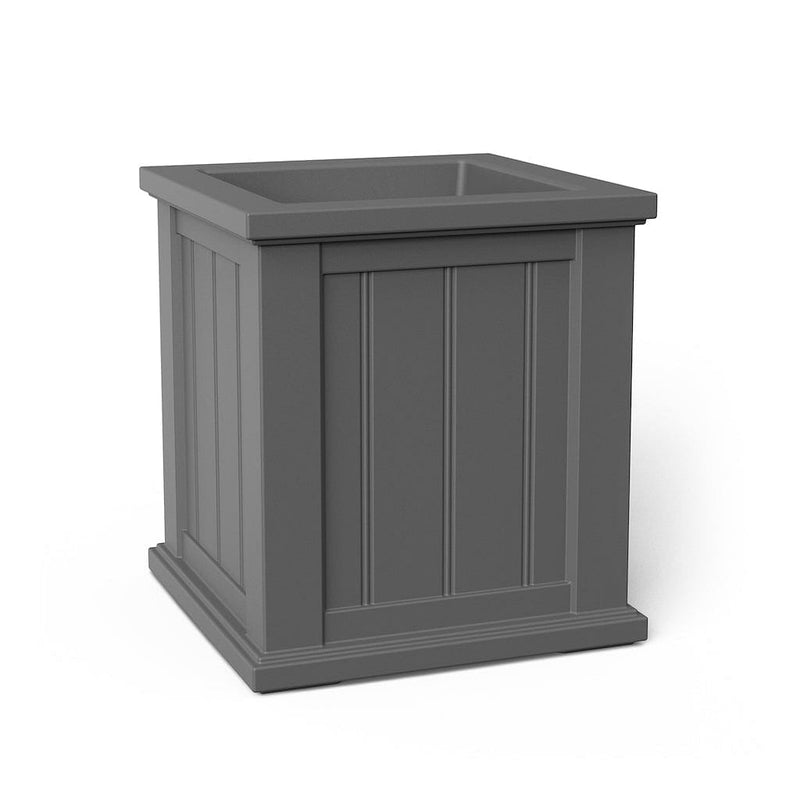 The Mayne Cape Cod 16x16 Square Planter, in the graphite finish,the unplanted planter detailed to show the shape and color clearly.